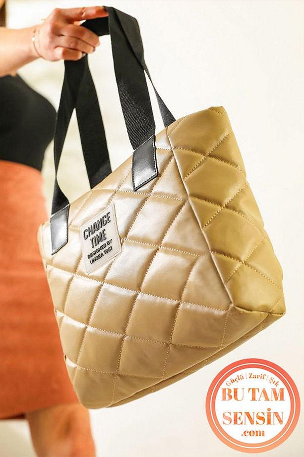 Kadın Bej Kapitone Nakışlı Fermuarlı Astarlı Çift Tutma Saplı Taşıma Çantası (Tote Bag) - 1