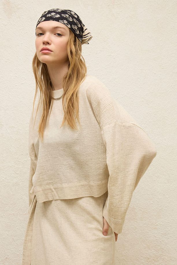 PAMUKLU GENİŞ KOL CROP BLUZ NATURAL - 2