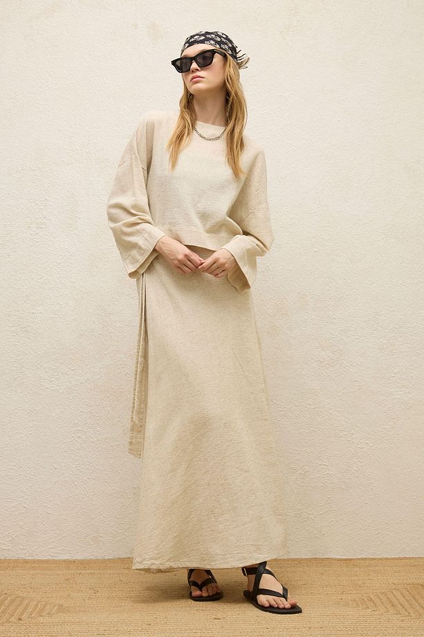 PAMUKLU GENİŞ KOL CROP BLUZ NATURAL - 3