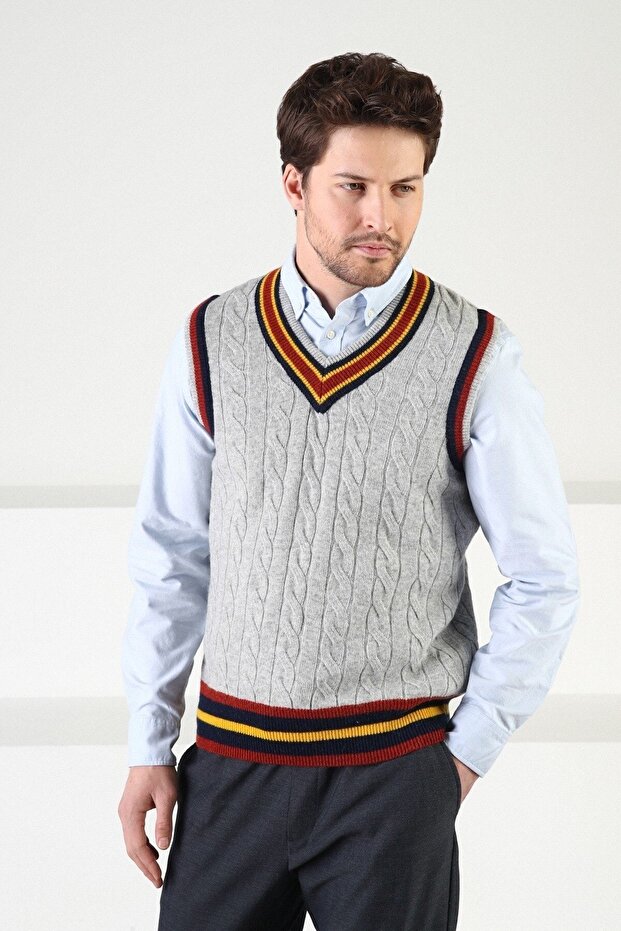 Gray Knitted Patterned V-Neck Men's Sweater