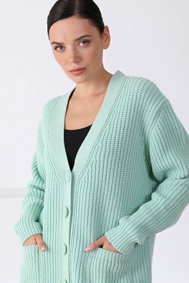 Kadın Yeşil Oversize Triko Hırka - 2