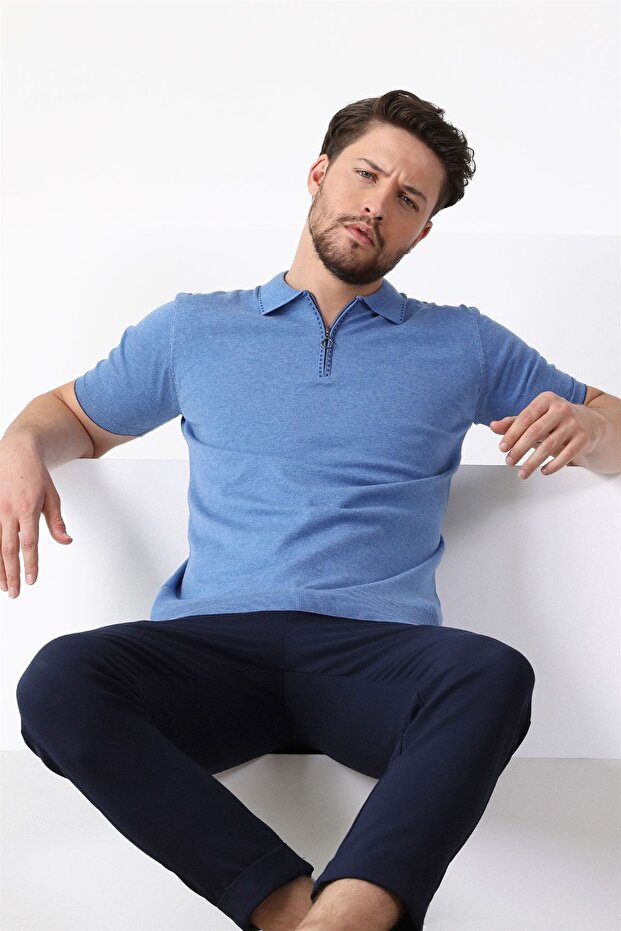 A.avacı Polo Collar Zippered 100% Cotton Men's Knitwear T-shirt