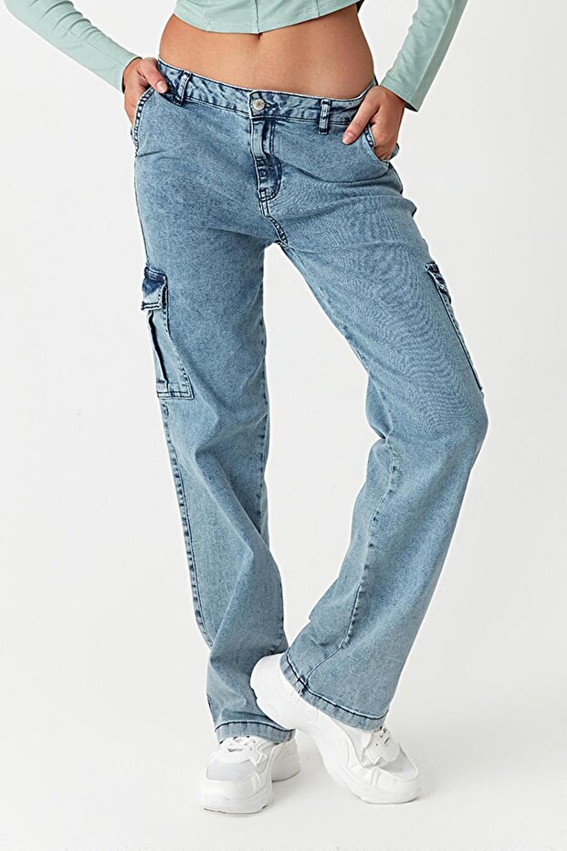 Kadın Mavi Kargo Pantolon - 4