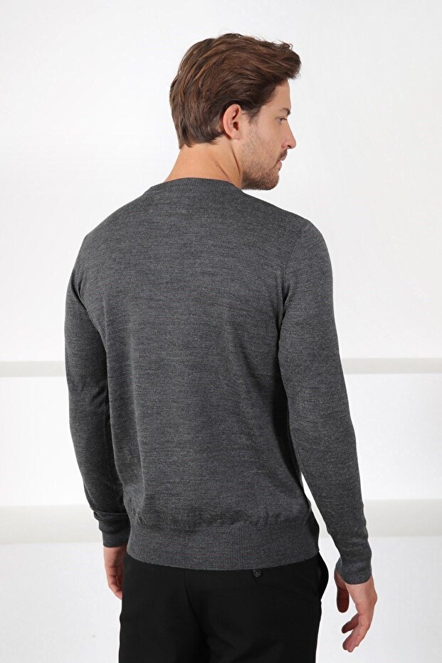 Antrasit Bisiklet Yaka Superfine Yün Erkek Triko Kazak - 6