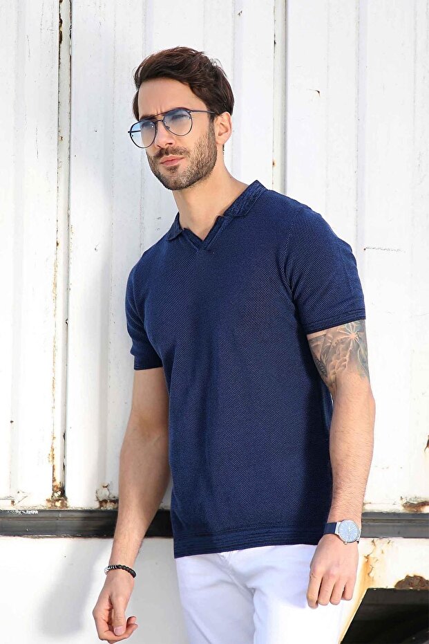 Cobalt Blue/black Eyelet Patterned Polo Collar 100% Cotton Men's Knitwear T-shirt