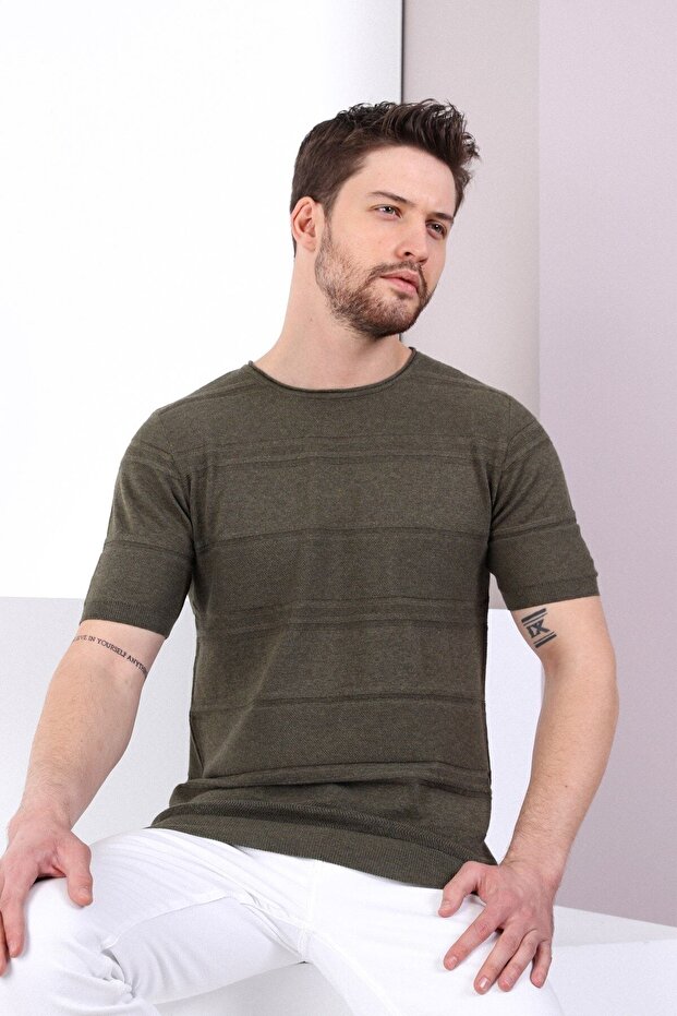 Khaki Crew Neck 100% Cotton Men's Knitwear T-shirt