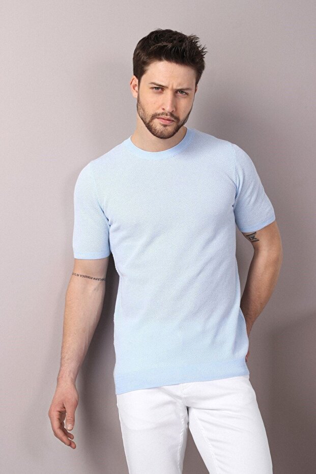 A.blue/white Eyelet Patterned Crew Neck 100% Cotton Men's Knitwear T-shirt