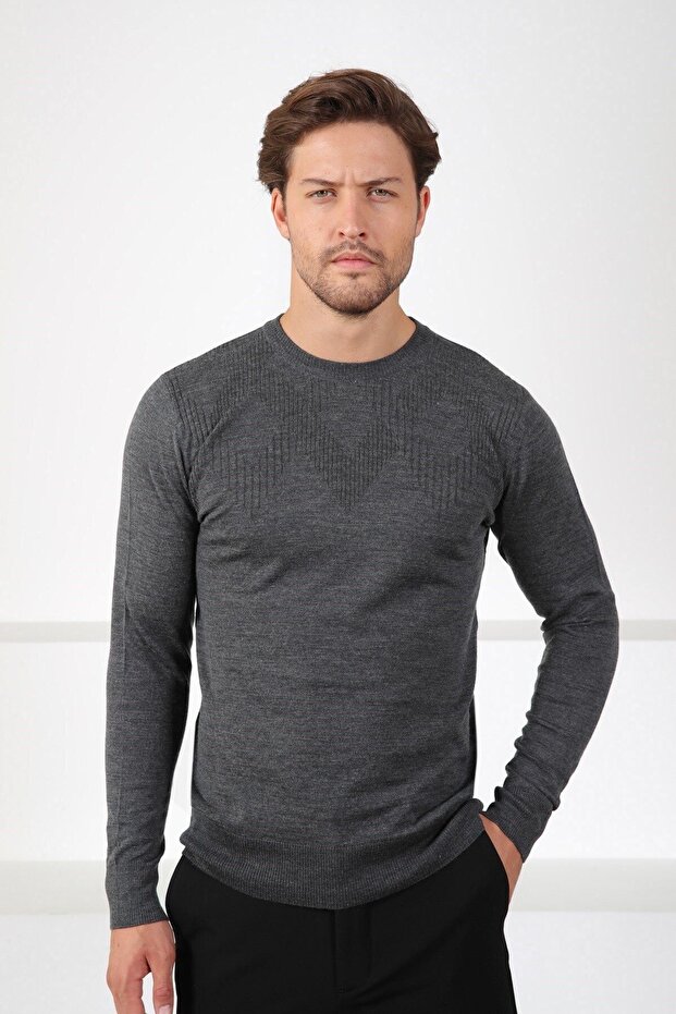 Antrasit Bisiklet Yaka Superfine Yün Erkek Triko Kazak - 3