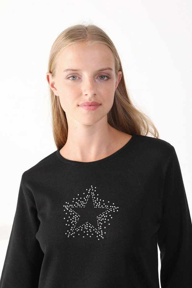 Women's Black Round Neck Italian Merino Wool Knitwear Sweater