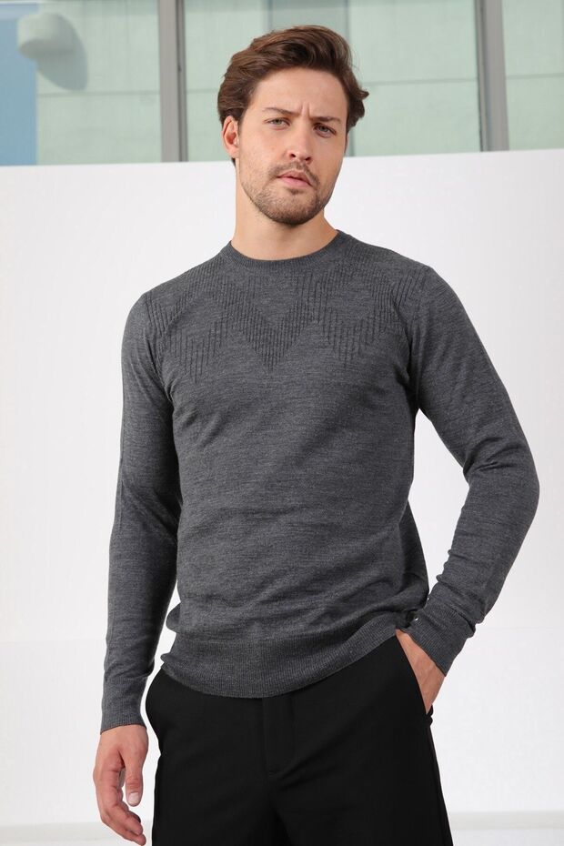 Antrasit Bisiklet Yaka Superfine Yün Erkek Triko Kazak - 4
