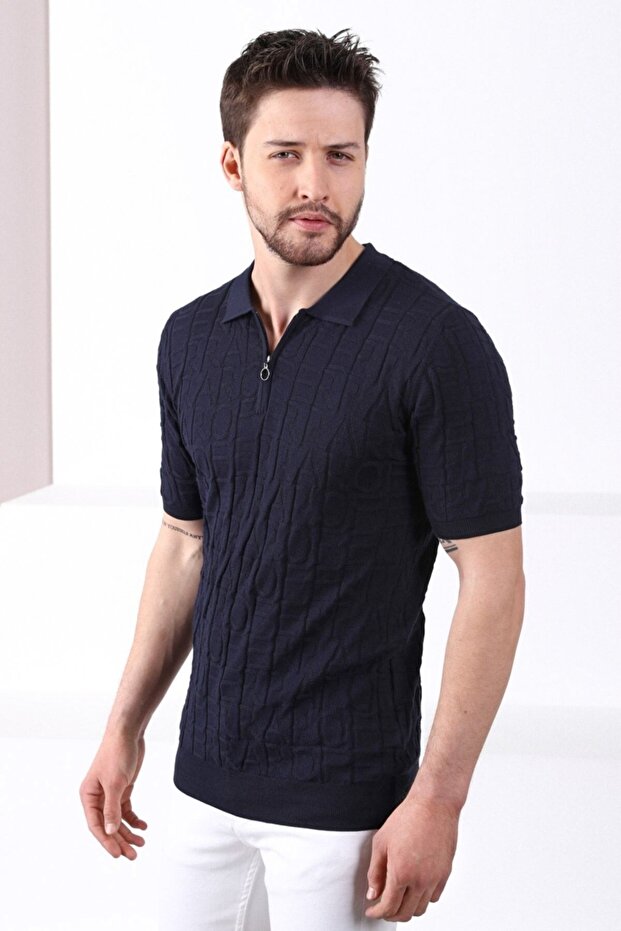 Navy Blue Polo Collar Zippered 100% Cotton Men's Knitwear T-shirt