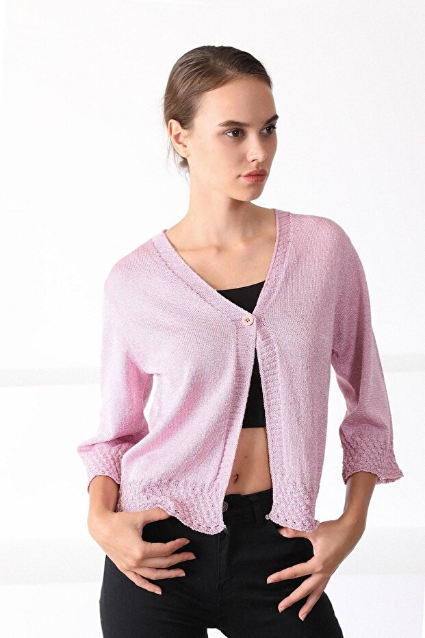 Women's Pink V-Neck Single Button Knitwear Cardigan