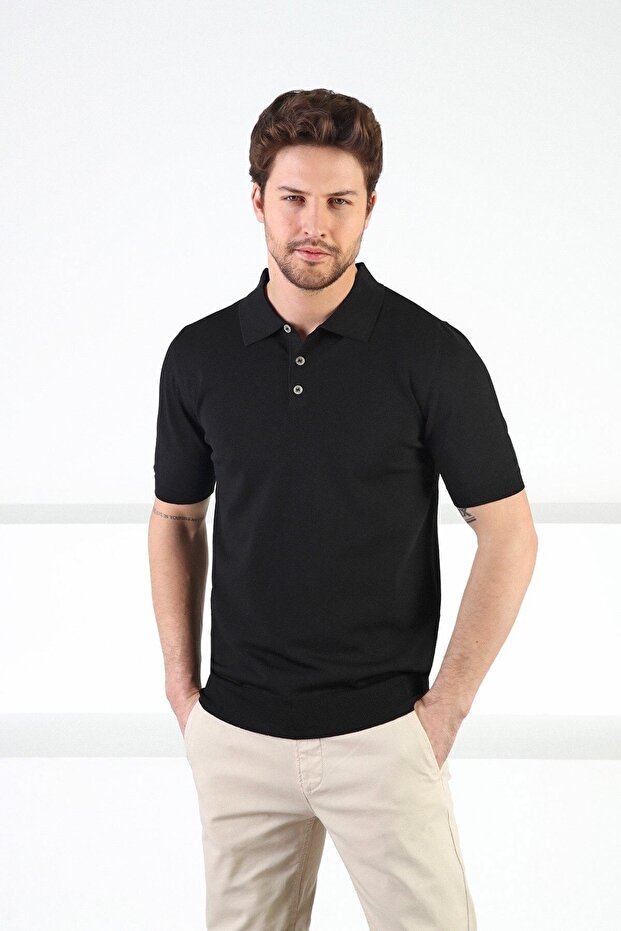 Black Buttoned Polo Collar Viscose Men's Knitwear T-shirt