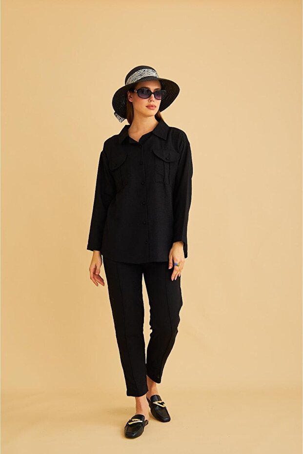 Raxy Pocketed and Ribbed Linen Black Shirt and Trousers Set