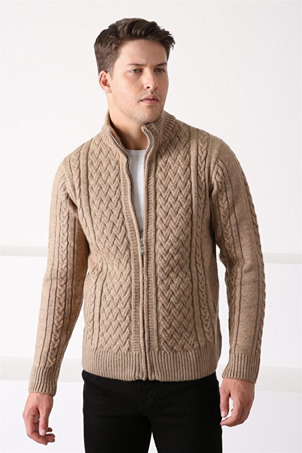 Men's Dark Beige Zippered Thick Wool Knitwear Cardigan