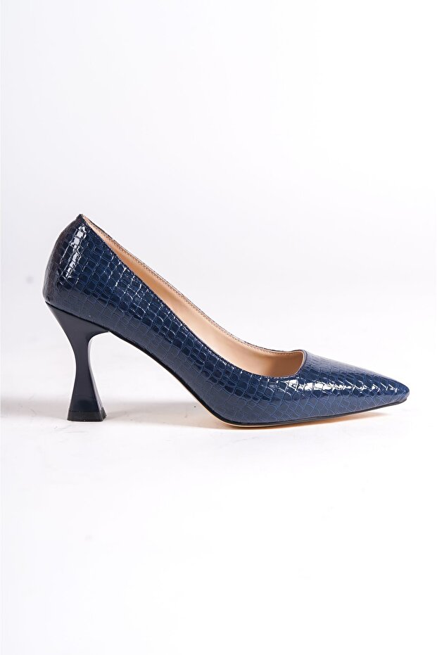 Special Series Navy Blue Croco Design Pointed Toe Stiletto Heeled Shoes