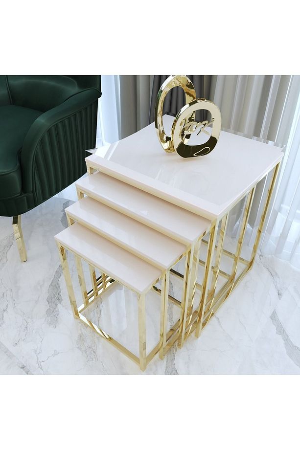 Duru 4'lü Kare Zigon Sehpa Seti Gold Ayak, Krem Mdf - 3