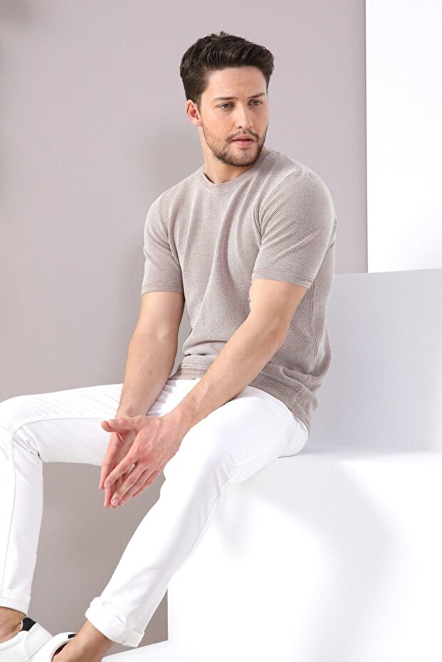 Camel/white Eyelet Patterned Bicycle Collar 100% Cotton Men's Knitwear T-shirt