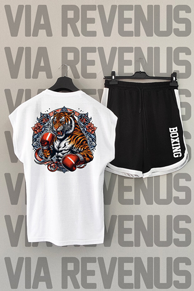 Tiger Boxing Back Printed Sleeveless Crew Neck White Sport T-shirt and Black Sport Shorts Set