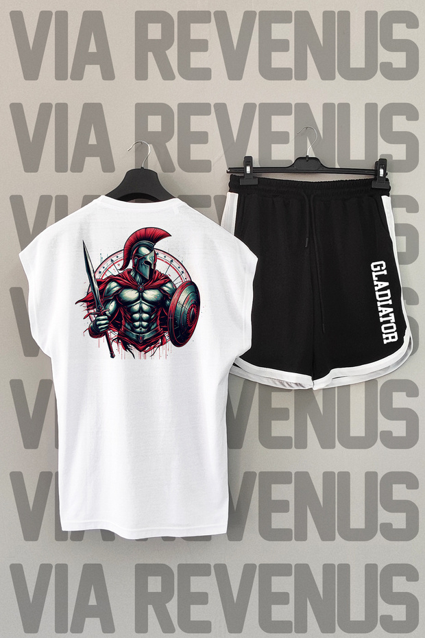 Gladiator Back Print Zero Sleeve Crew Neck White Sports Tshirt and Black Sports Shorts Set
