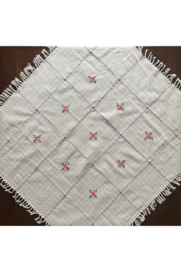 Pink Floral Handmade Tablecloth with 9 Motifs