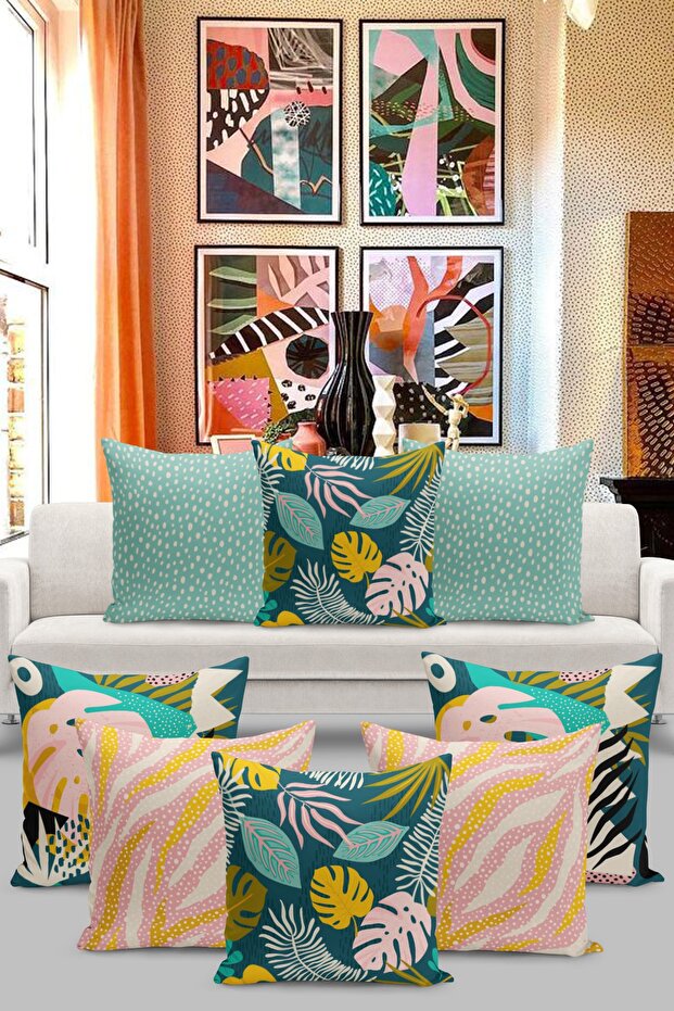 Set of 8 Throw Pillow Covers Tropical and Polka Dot Mid-Century Modern Art Design