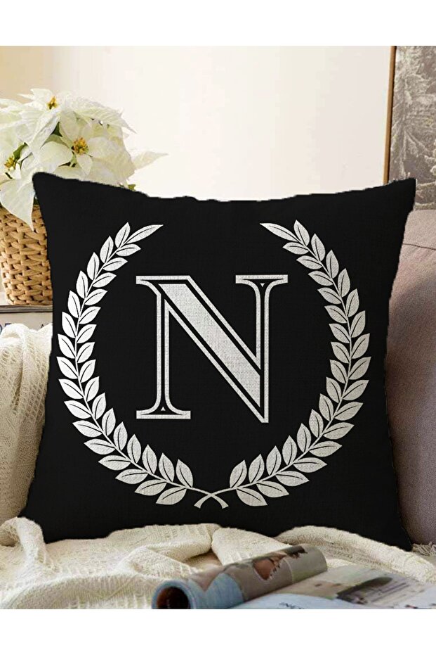 Double Sided Black and White Wreathed Letter N Special Design Digital Printed Raschel Pillow Throw Pillow Cover