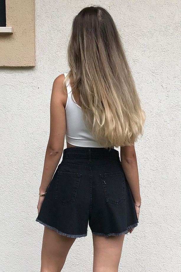 Kadın Siyah Püsküllü Geniş Rahat Denim Balon Çan Şort Jean Şort - 2