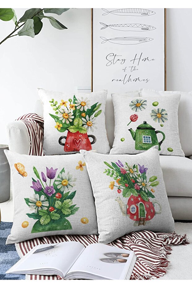 Set of 4 Double Sided Colorful Cute Flower Pots with Flower Design Modern Raschel Throw Pillow Cover
