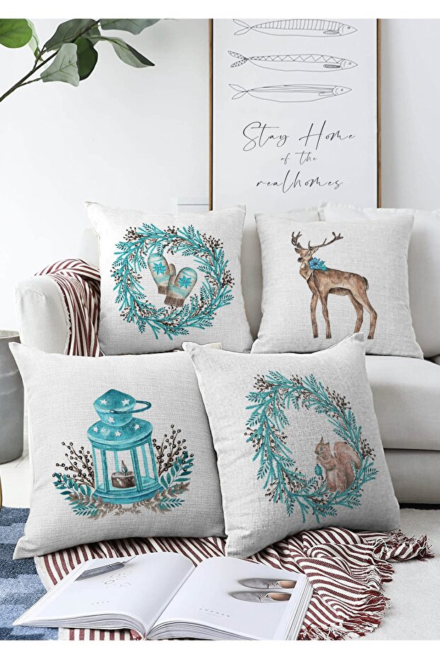 4-Piece Double Sided Special Design Winter Themed Digital Printed Modern Raschel Knitted Throw Pillow Cover Set