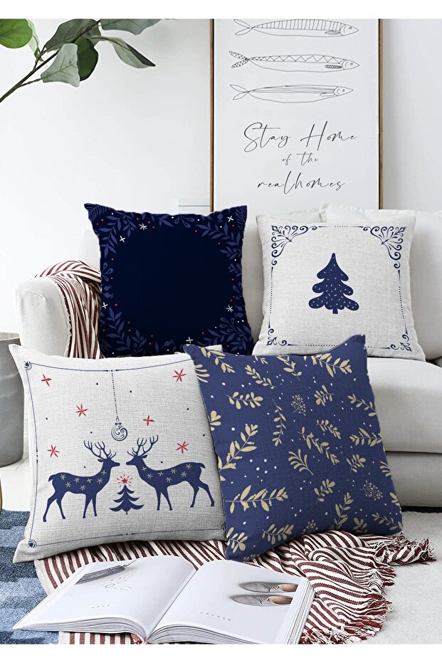 4-Piece Double Sided Navy Blue Christmas Themed Digital Printed Modern Raschel Knitted Throw Pillow Cover Set