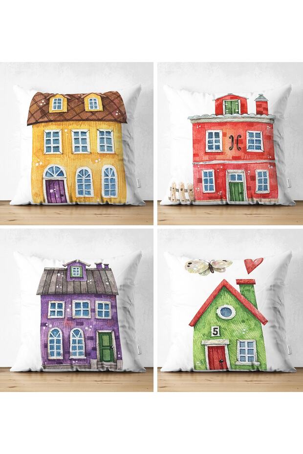 4-Piece Double Sided Colorful Homes Special Design Digital Printed Modern Suede Throw Pillow Cover Set