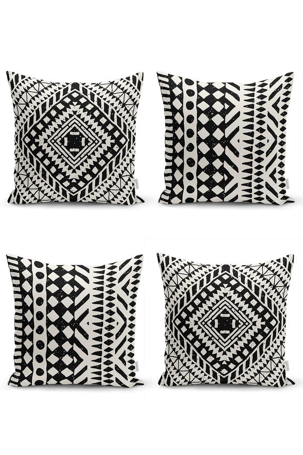 Set of 4 Black and White Ethnic Geometric Drawing Digital Printed Modern Throw Pillow Covers