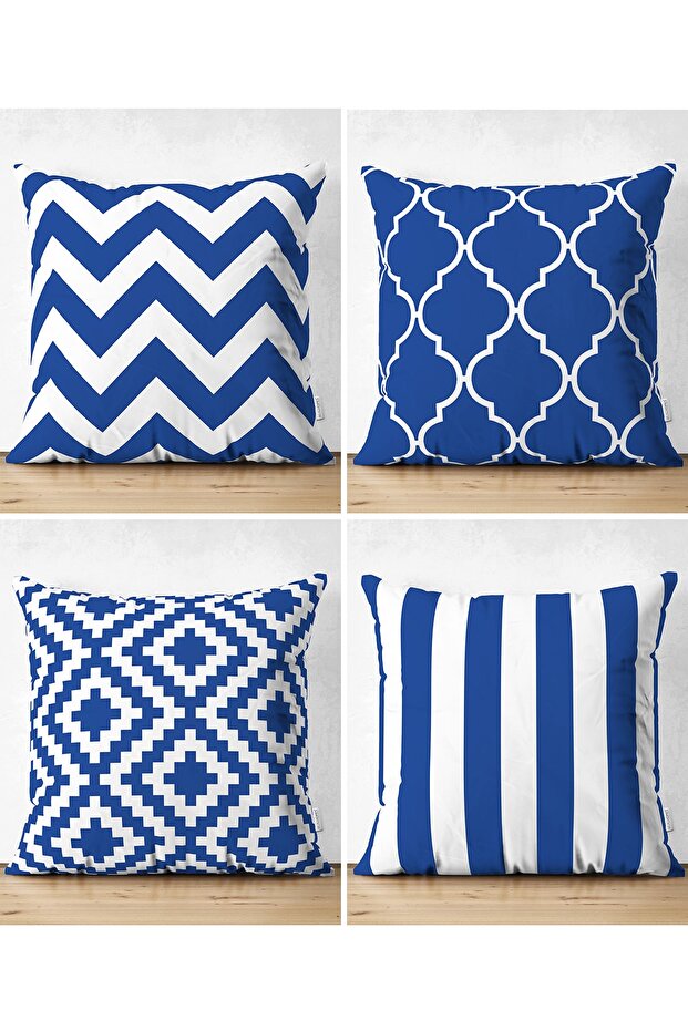 4-Piece Double Sided Dark Blue Geometric Drawings Special Design Digital Printed Suede Throw Pillow Cover Set