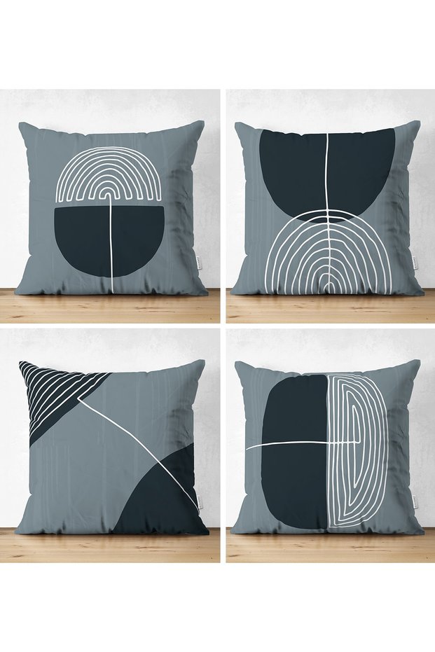 4-Piece Light Smoke Colored Digital Printed Modern Throw Pillow Cover Set with Onedraw Drawing