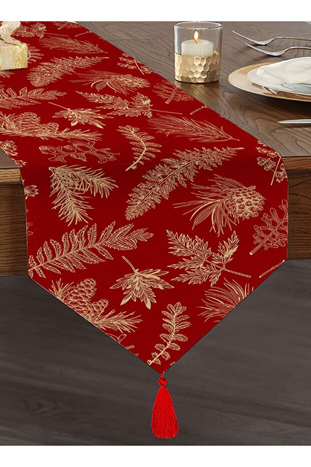Claret Red Floor Leaf Design Digital Printed Decorative Tasseled Chenille Triangle Runner