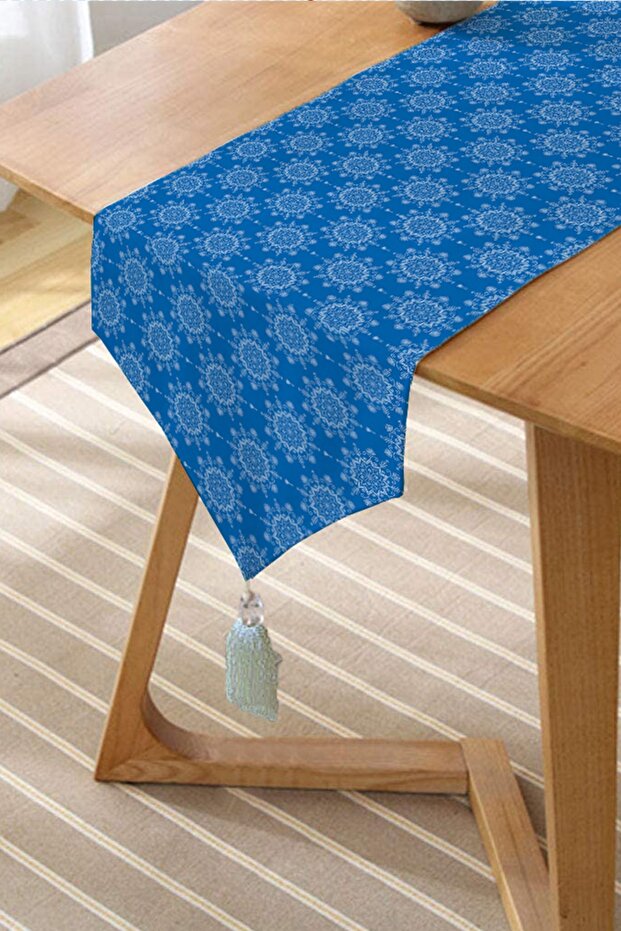 Blue Background Snowflake Patterned Digital Printed Special Design Tufted Chenille Triangle Runner - 2