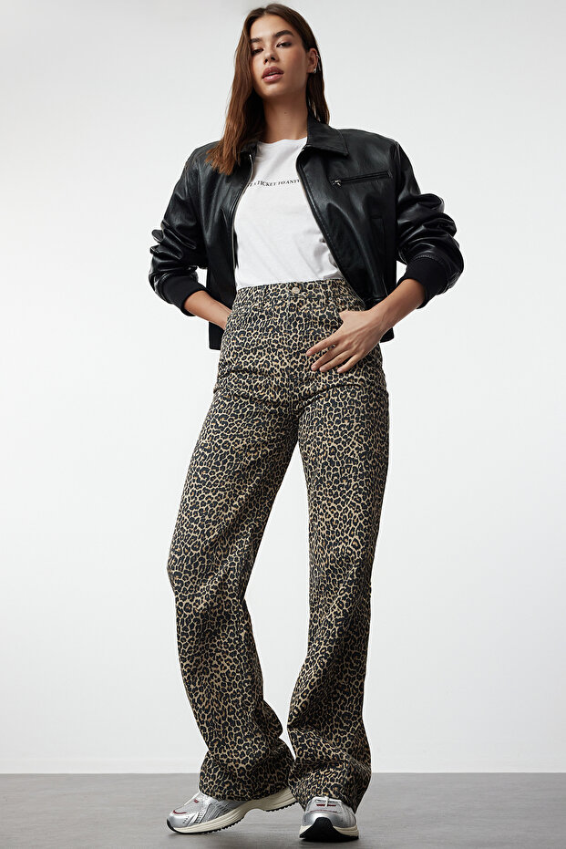 Çok Renkli Leopar Baskılı Kahverengi Yüksek Bel Wide Leg Jeans TWOSS24JE00286 - 1
