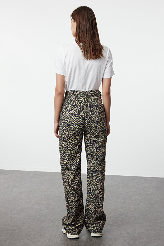Çok Renkli Leopar Baskılı Kahverengi Yüksek Bel Wide Leg Jeans TWOSS24JE00286 - 5