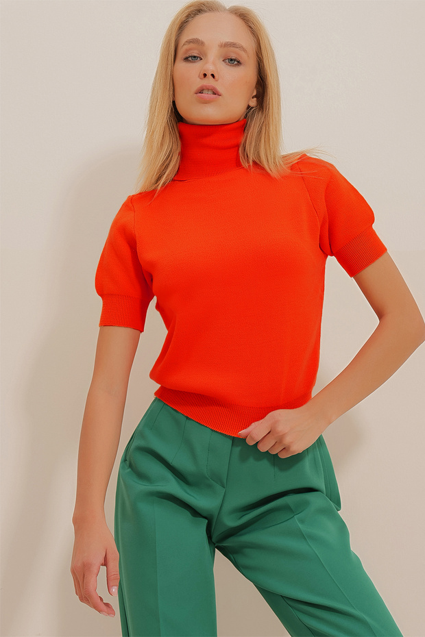 Women's Dark Orange Turtleneck Short Sleeve Basic Knitwear Sweater Alc-X10997