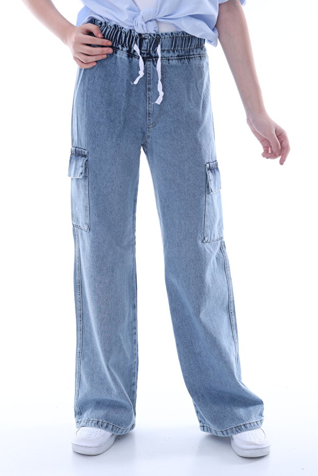 Girl's Oversize Cargo Pocket Elastic Waist 100% Cotton Jeans