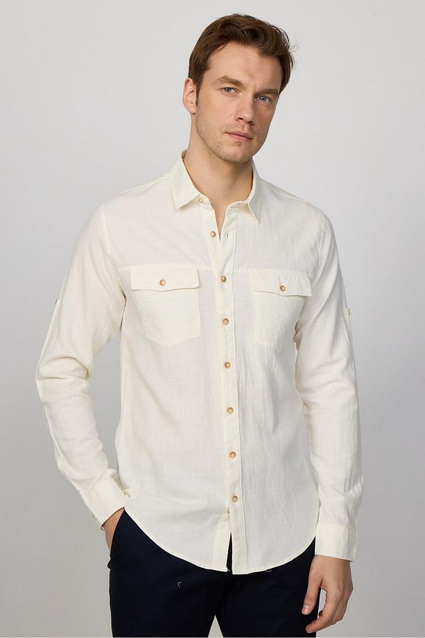 Erkek Slim Fit Dar Kesim Uzun Kollu %100 Pamuk Keten Doku Çift Cep Spor Yaka Beyaz Gömlek - 2