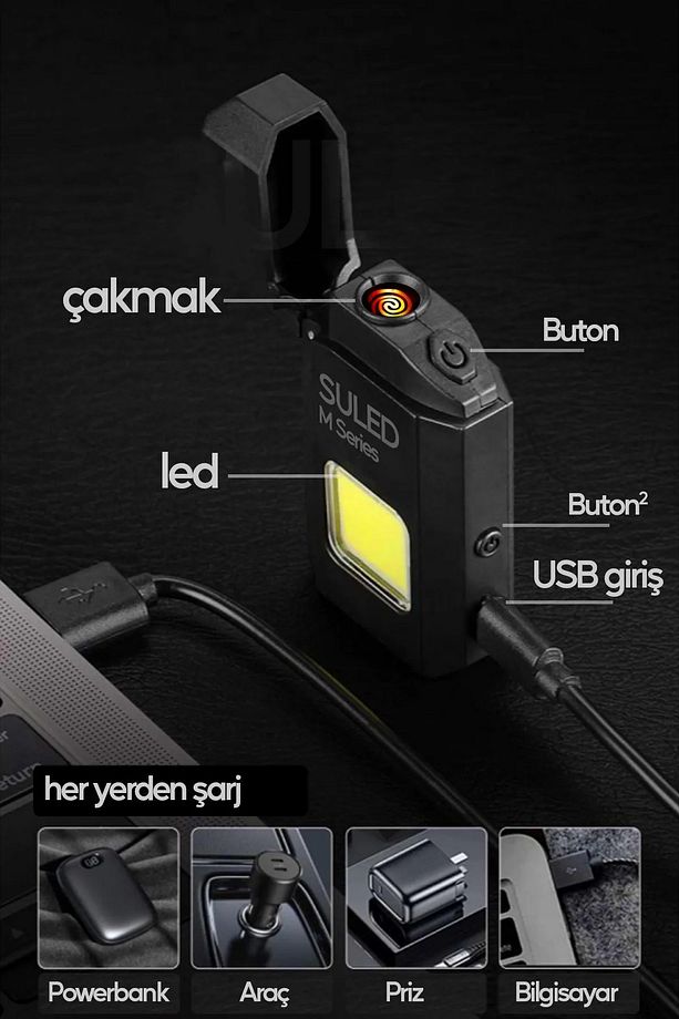Şarjlı Çakmak USB Şarjlı LED Fener M Serisi Kamp Çakmağı COB Led CE Rüzgardan Etkilenmez Yeni - 5