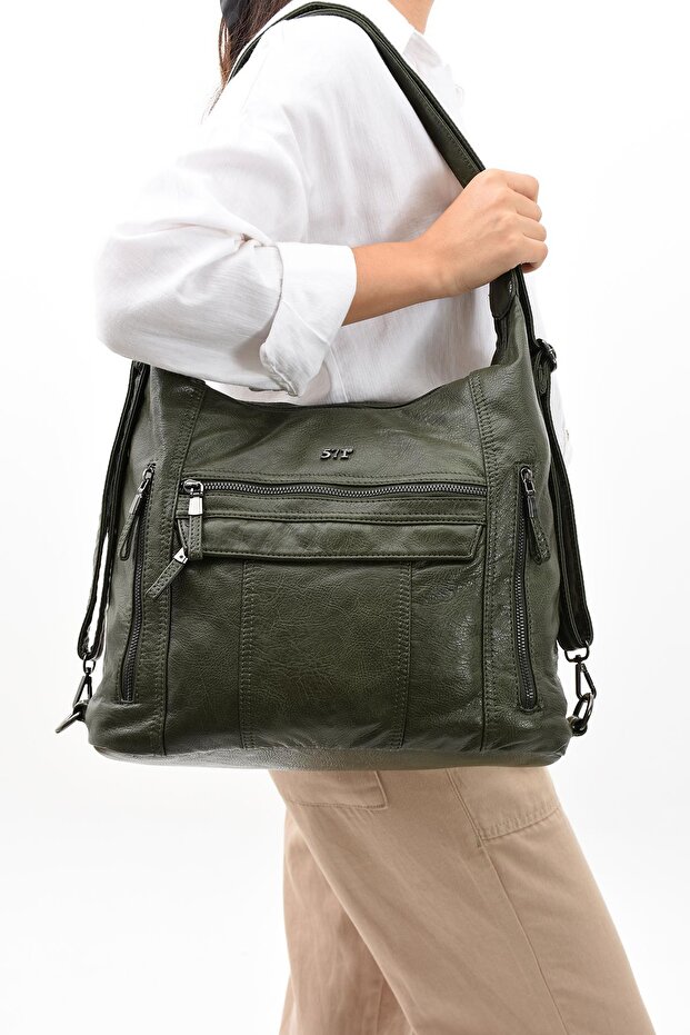 Faux Leather Soft Woven Shoulder Bag Green (Model: 571-11-13B)