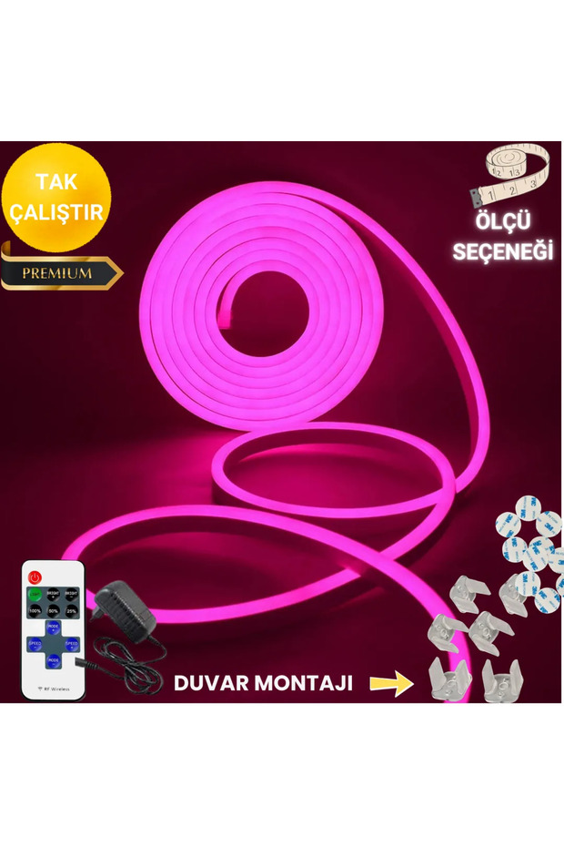Neon Esnek Şerit Led Tak Çalıştır Kumandalı - Dimmer- Pembe 1 metre - 1