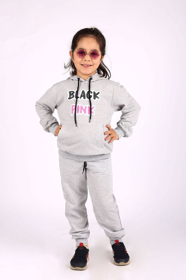 BLACK PINK PRINTED HOODED, Kangaroo Pocket, TO GIRL'S Tracksuit SET