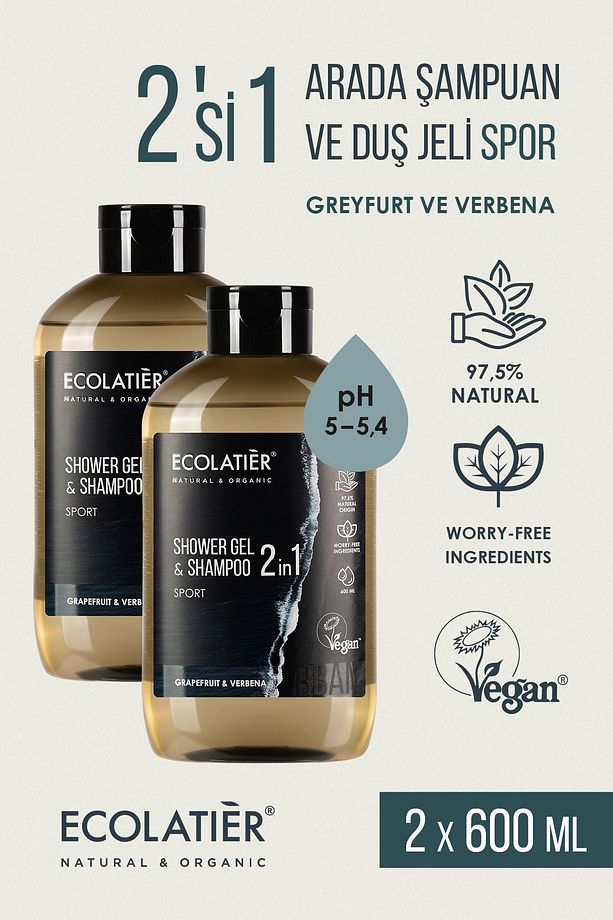 Erkek Saç Ve Vücut Şampuanı 2'si 1 Arada Spor %97,5 Doğal Erkek Şampuanı Ve Duş Jeli, 600 ml X 2 Set - 1