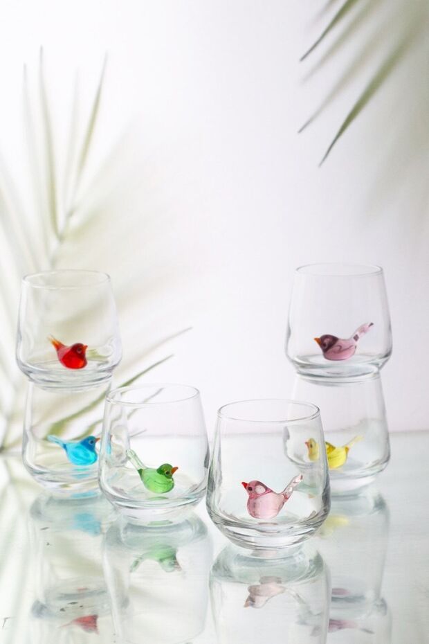 Colorful Birds Handmade Glass Figured Chubby Brown Side Set of 6