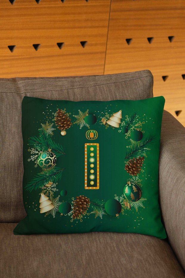 New Year Themed Green Colored Globe Patterned Letter Digital Printed Throw Pillow Cover
