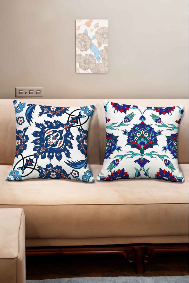Ottoman Tile Patterned Blue Red White Colored 2-Piece Digital Printed Throw Pillow Cover